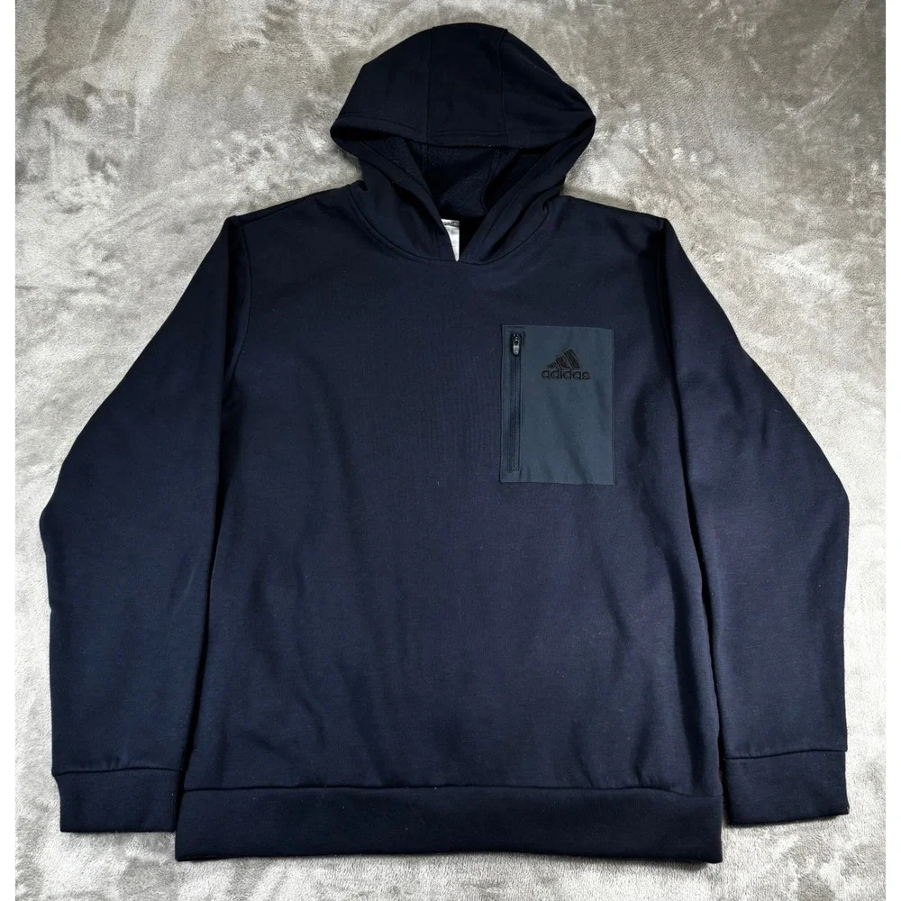 Adidas Hoodie Men Large Navy Blue Excellent Zip Chest Pocket Pullover Sweatshirt